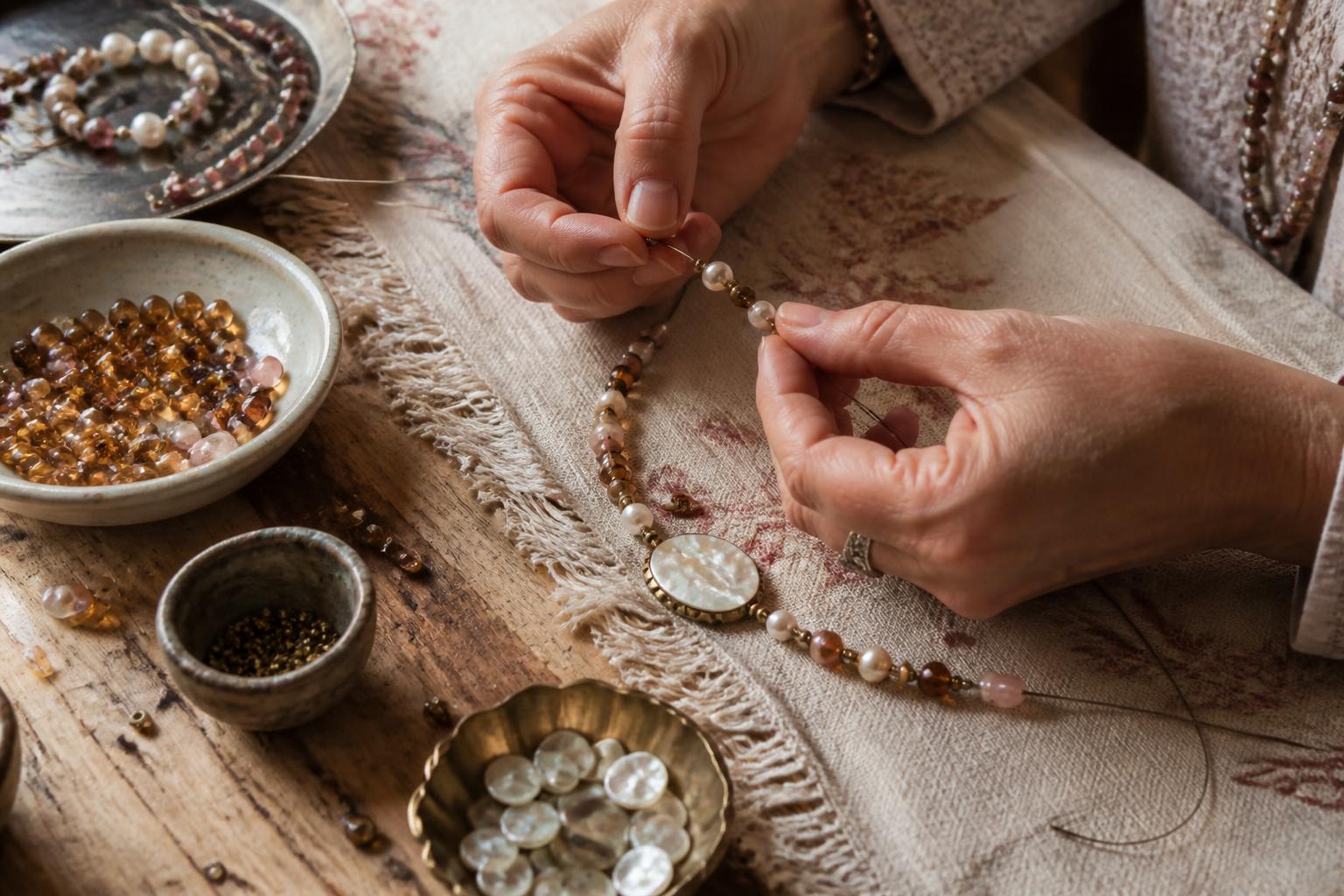 Hands beading at a workshop table