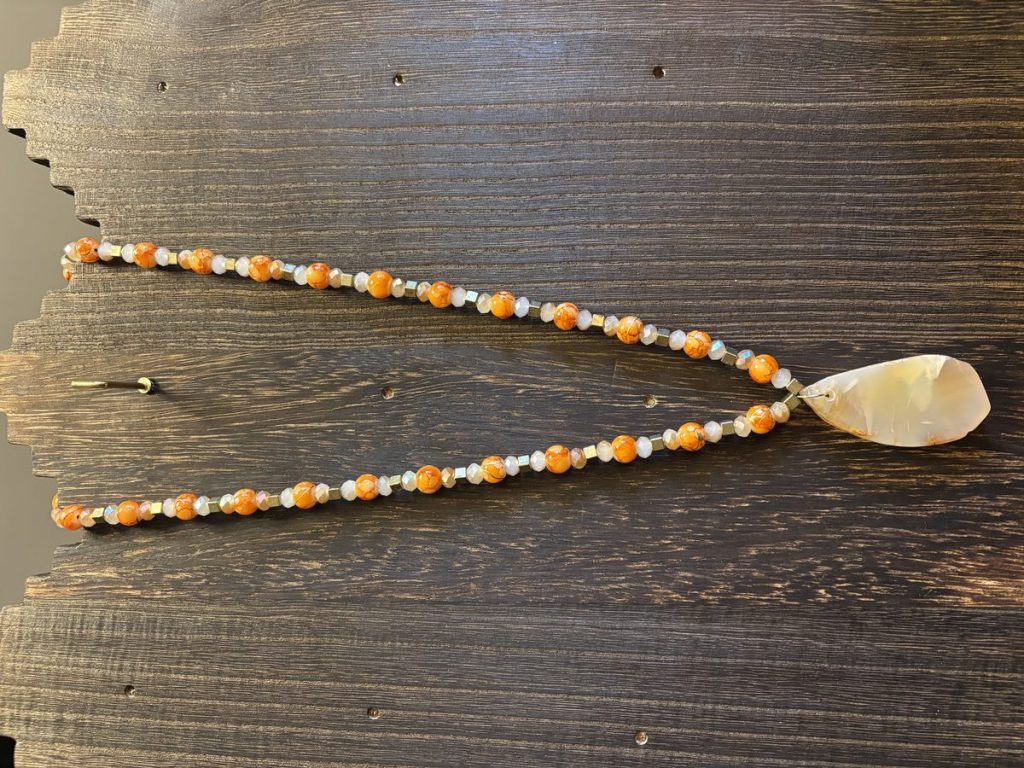 Orange Glass Bead Necklace with Agate Pendant