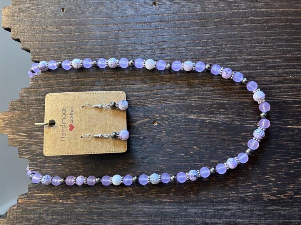 Purple Glass Bead Necklace & Earrings Set