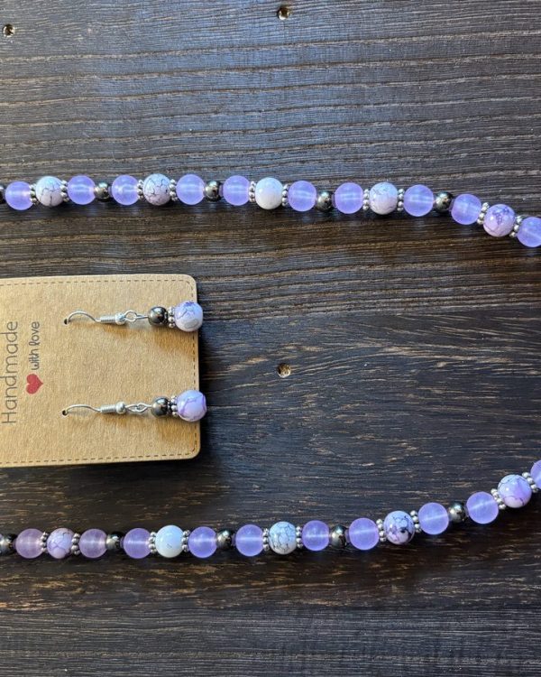Purple Glass Bead Necklace & Earrings Set