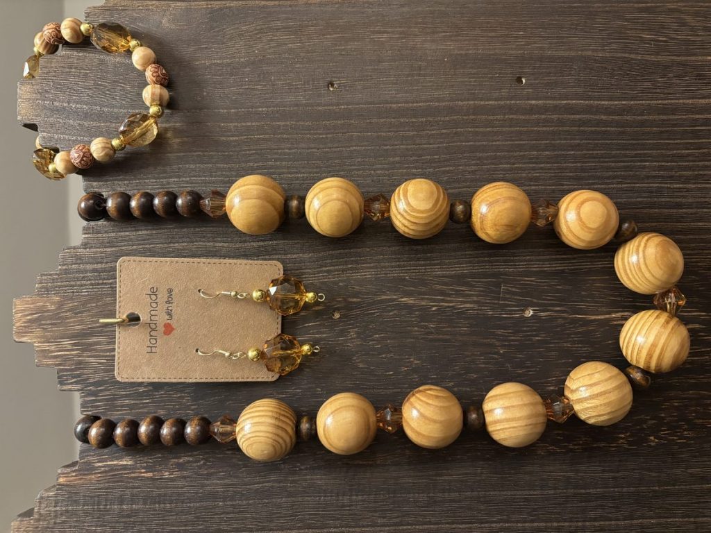 Wood Bead & Amber Crystal Set