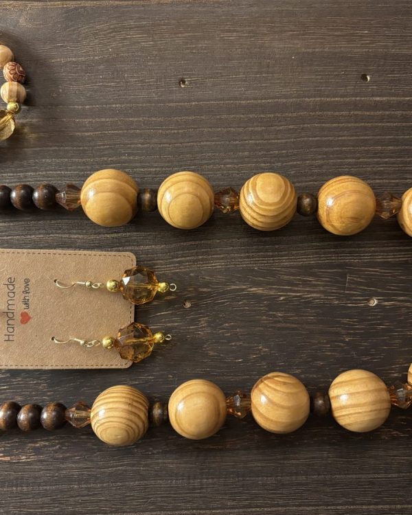 Wood Bead & Amber Crystal Set